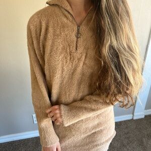 Faux Fur Brown Quarter Zip Minidress
